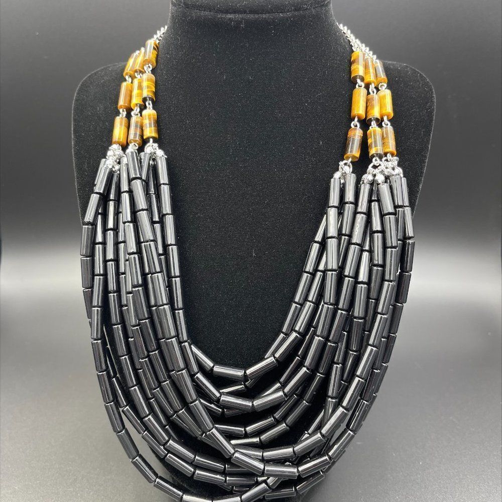 Lia Sophia multi strand necklace with tigers eye and black beads, native, boho
